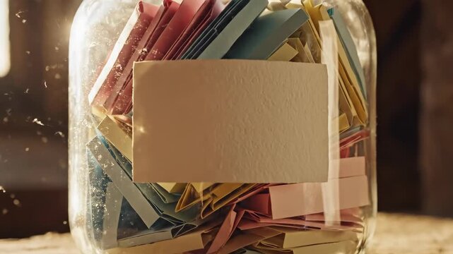 Glass container filled with colorful folded papers resting on rustic wooden shelf near window light