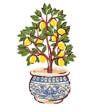 Italian lemon tree in ceramic pot. Ripe yellow lemons on branches, green leaves, decorative planter, Mediterranean garden scene, hand drawn style. Lemon decor icon, cartoon vector illustration.