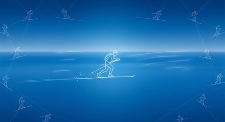 Skiing figure with surrounding skiers on blue background