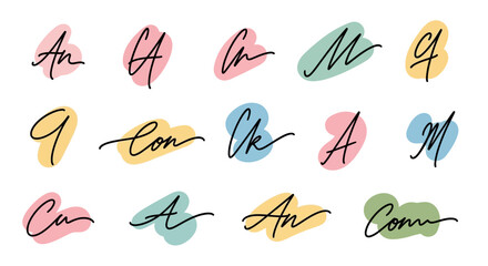 Fototapeta premium Artistic handwritten logotypes and stylized text designs with vibrant abstract brushstrokes. Ideal for modern branding, unique logos, and graphic projects