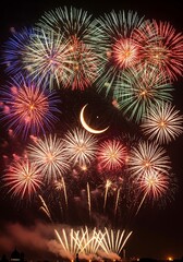 Vibrant fireworks display illuminating night sky with crescent moon element