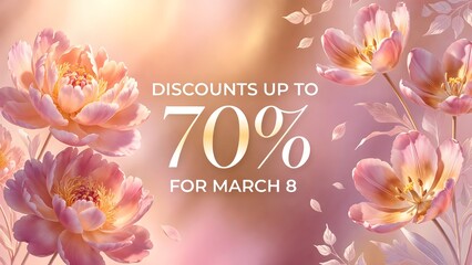 International Women's Day Sale Banner with Pink Peonies and Tulips, 70 Percent Discount Poster on Floral Background