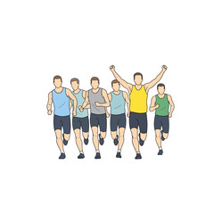 Obraz premium Diverse group of male athletes running a race, one celebrating victory with raised arms
