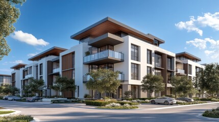 Modern apartment building exterior, sunny day, residential complex, possible use for real estate ads