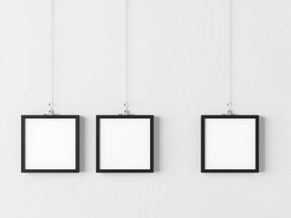 Three empty black frames hanging on a white wall with strings