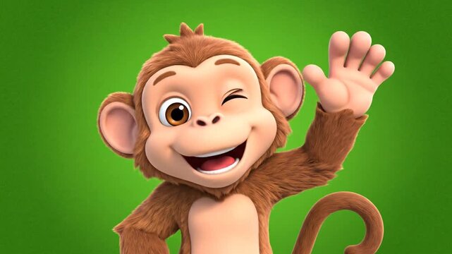 Happy cartoon monkey waving hand on green background
