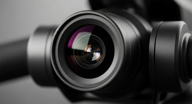 Professional camera lens close-up with bokeh light reflection on glass element for photography and videography