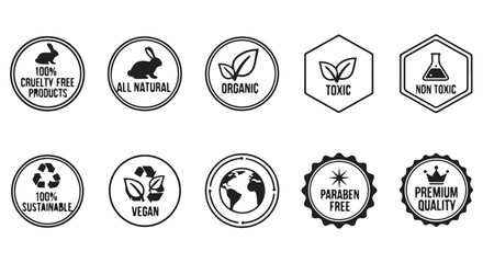 Obraz premium Eco friendly product labels, cruelty free, sustainable and premium quality icons set