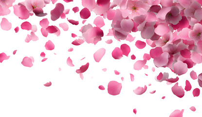 Pink flower petals and blossoms falling on transparent background, romantic bloom elements for spring design, wedding invitations, seasonal promotions, and ethereal nature concepts