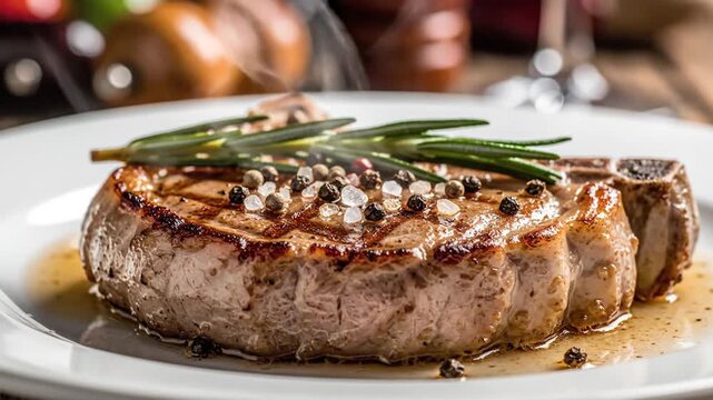 Juicy grilled steak with rosemary, salt, and pepper on plate