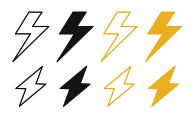Lightning bolt icon set. Vector lightning logo featuring electric symbols, thunder, and lightning designs. Lightning bolt signs and icons isolated on a white background