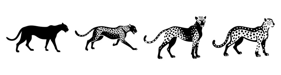 Silhouette of running cheetahs and leopards in motion black and white wildlife illustration vector art © MdShahariar