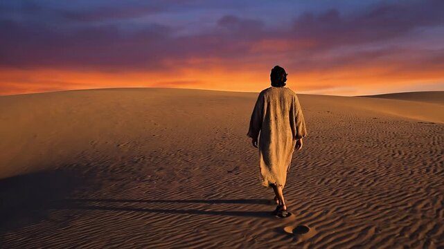 Lone man in robe walking in vast desert at sunset