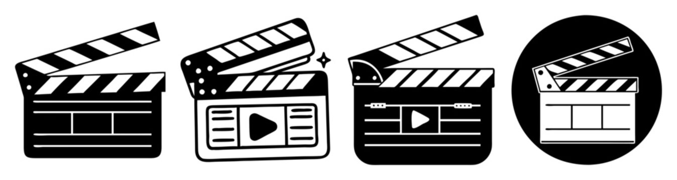 Black and white film clapperboard set with movie production icons isolated on white background