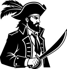 Strong Pirate Profile Silhouette - Vintage Captain with Scimitar Vector Illustration