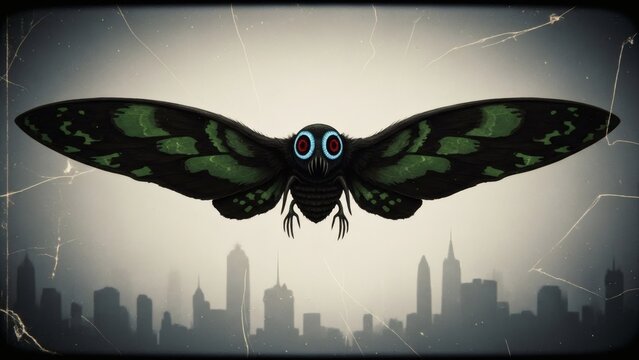 Moth Flying Over City Skyline at Night.