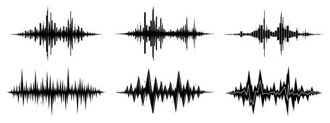 Audio sound wave collection set, black music frequency waveforms silhouettes, digital signal pulse visualization vector, heartbeat and rhythm equalizer elements for design