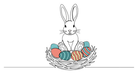 Fototapeta premium Easter bunny sitting in a nest with colorful decorated eggs illustration, cute rabbit line art for spring holiday design, vector outline mascot, easter celebration element