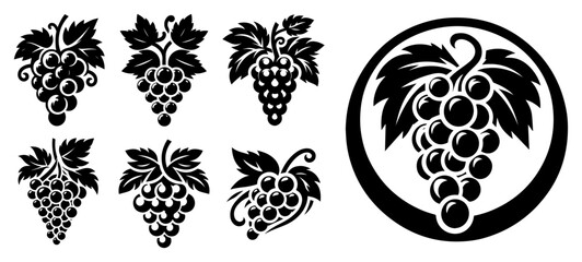 Naklejka premium Grape bunch silhouettes set, black and white vine fruit illustrations, vineyard logo elements, decorative wine grapes clusters vector, fruit harvesting graphics