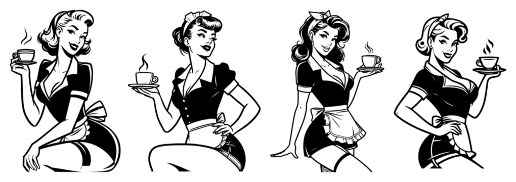 Vintage pin-up waitress silhouettes set serving coffee and tea, 1950s retro woman server illustrations, classic diner staff vector elements, glamour lady catering graphics