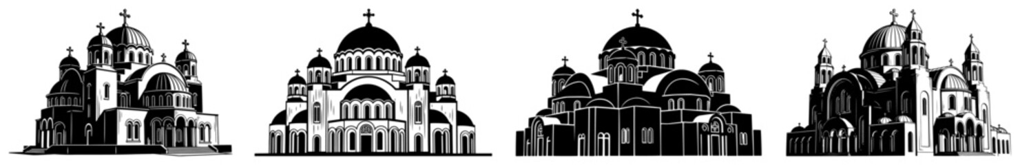 Orthodox church and cathedral silhouettes set, religious architecture buildings collection, traditional christian dome structures vector illustrations for design © Luka