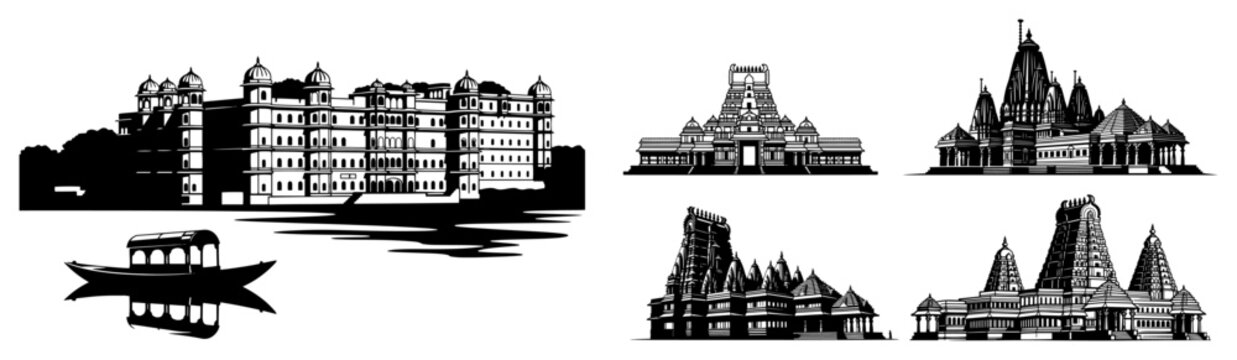 Indian historical architecture silhouettes set, traditional monuments and temples collection, Taj Mahal style palace and Hindu Gopuram vector, ancient heritage landmarks of India