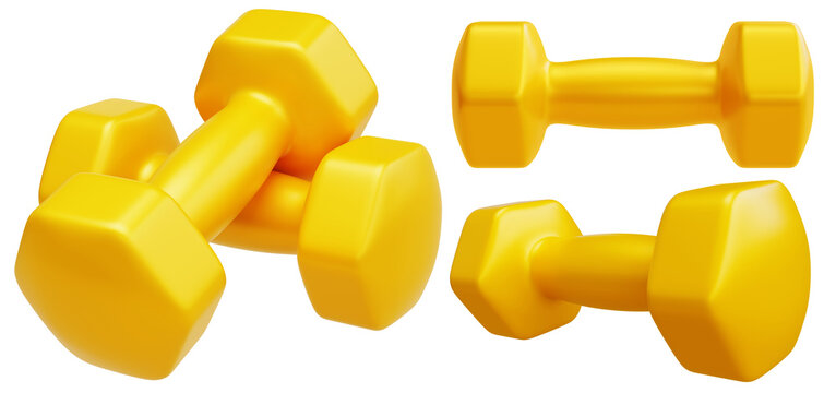 Yellow dumbbells isolated on transparent background. Sport equipment set for fitness, strength training, gym, home workout, healthy lifestyle concepts. 3D png illustration
