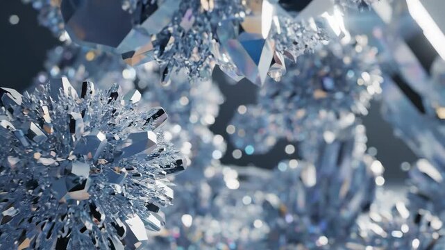 Jagged formations of multifaceted ice crystals with bright reflections