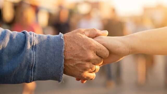 Close up of two hands clasping in warm light