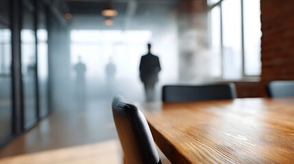 Fototapeta premium Atmospheric modern office hallway in mist with silhouetted figures walking past a wooden conference table