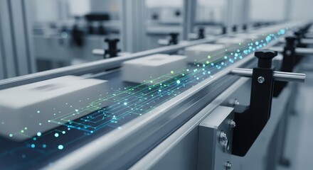 Fototapeta premium Automated robotic assembly line producing microchips in high-tech cleanroom with blue LED lighting and precision engineering
