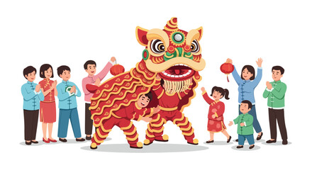 Fototapeta premium Illustration of a diverse group of people celebrating with a traditional lion dance performance on a white background with vibrant colors and joyful mood.