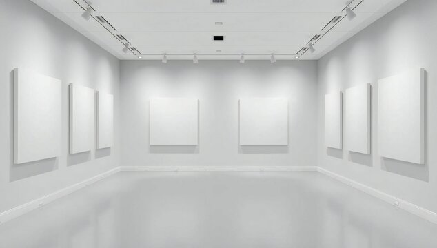 A spacious, minimalist art gallery with blank canvases ready for display