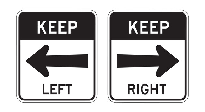 Black and white keep left and keep right road signs with arrows on Transparent Background, indicating direction and traffic rules.