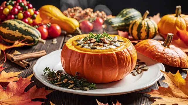 Creamy soup served inside hollowed gourd centerpiece surrounded by autumn produce and spices