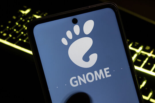 Gnome Logo on a screen, led keyboard in blurred background