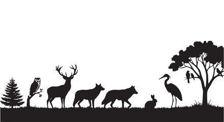 Fototapeta premium Serene forest scene with silhouettes of deer, wolf, rabbit, owl, heron, and birds on tree branches, symbolizing wildlife harmony.