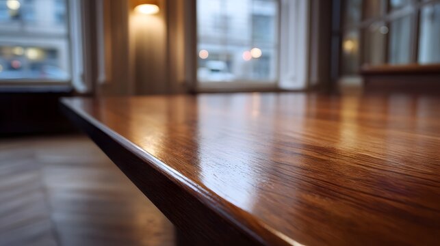 Polished wooden tabletop with subtle reflections and warm ambient light creating a sophisticated indoor atmosphere