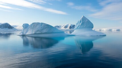 Majestic iceberg floating in calm arctic ocean with clear blue water reflection
