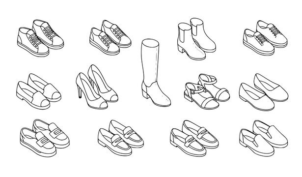 Isometric man and woman shoes icon set vector isolated white background