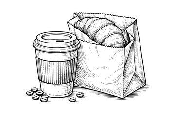 Takeaway coffee cup with croissant in paper bag, sketch style vector illustration isolated.