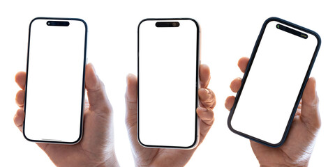 Set of hand holding smartphone mockups with blank screens isolated on transparent background.