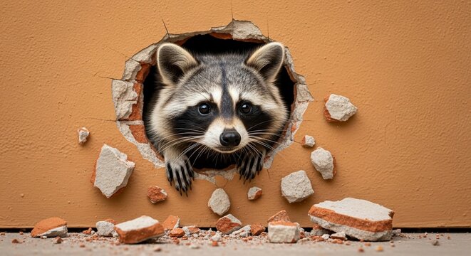 Curious Raccoon Peeking Through a Broken Wall.