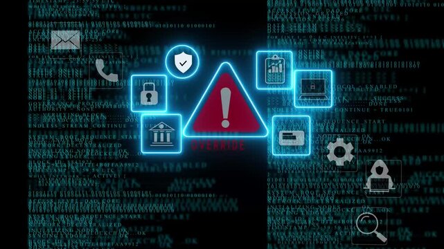 system override alert icon with binary code background. The attention grabbing icon highlights the importance of digital safety in today's