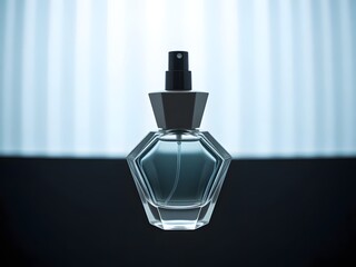 Obraz premium A luxurious perfume bottle with a geometric shape and transparent liquid on a dark surface against a blurred white background