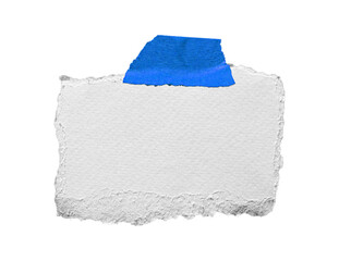 Torn white paper sheet with blue tape accent, isolated on transparent background.