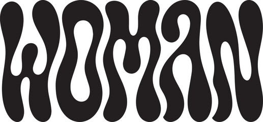 Vector black fluid blob typography spelling 'WOMAN' with wavy, organic shapes, isolated on a transparent white background, ideal for social media or poster design.