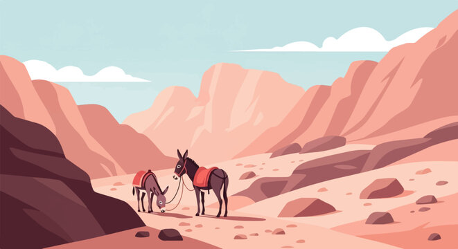 Two donkeys with red saddles stand in a rocky desert canyon
