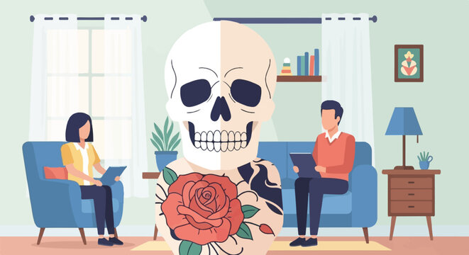 Two figures in an office with a large skull overlay and rose tattoo