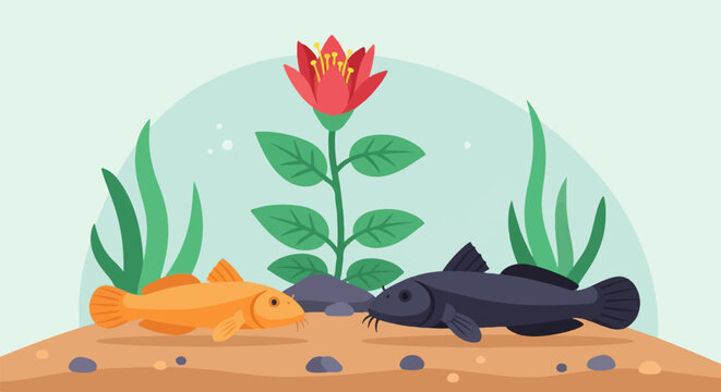 Two fish swim in an aquarium with a plant and rocks